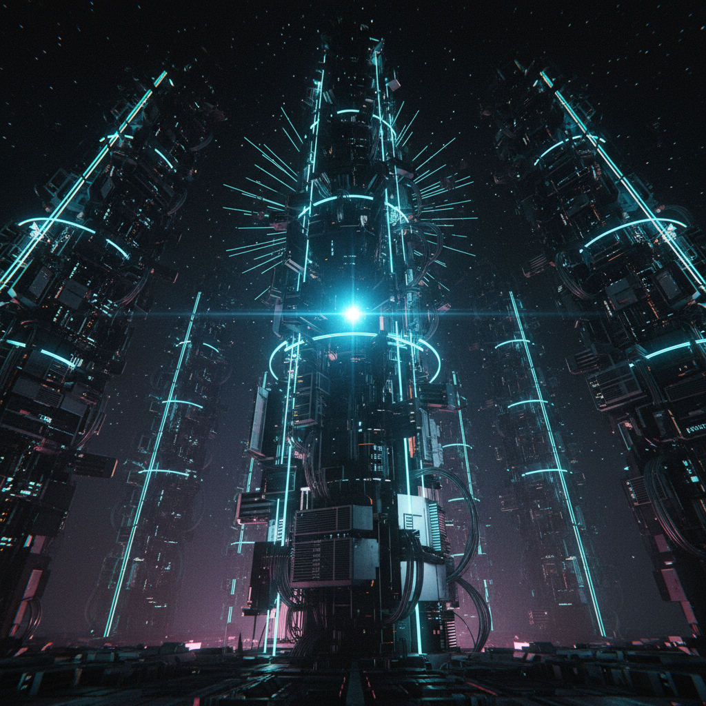 Cybernetic pillars rising from darkness, wrapped in Dyson sphere lattice structures of cyan neon light — inspired by Hubble's Pillars of Creation